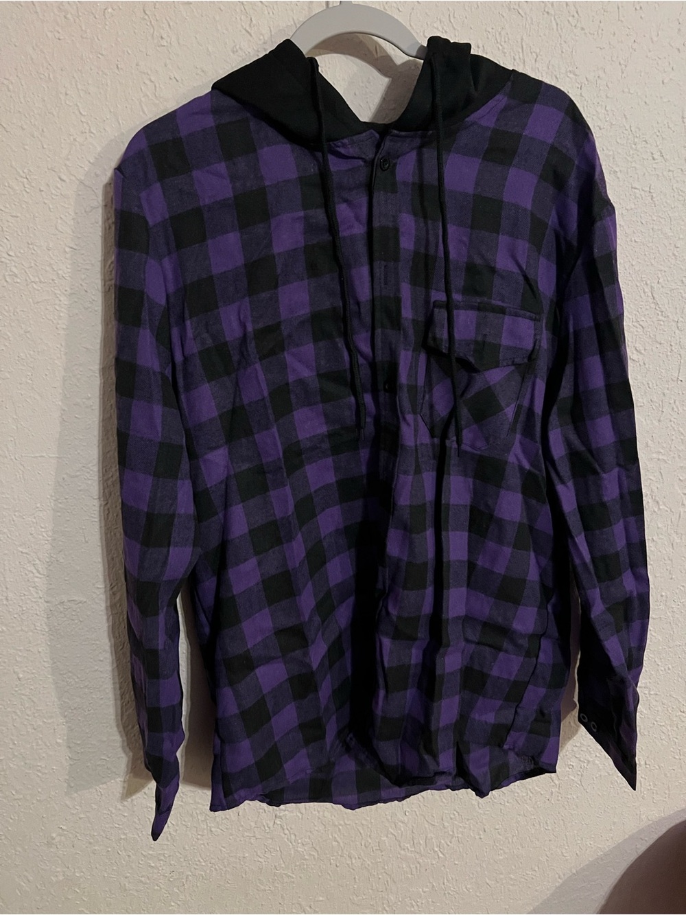 Purple and Black Plaid Hooded Button-Down Shirt